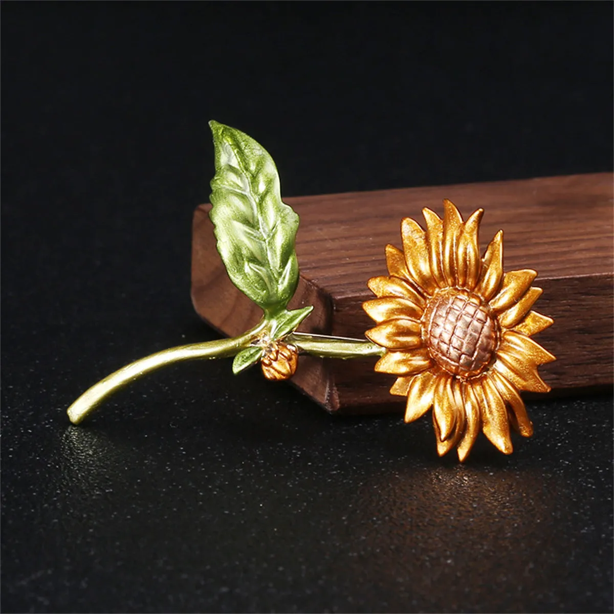 Green Enamel & 18K Gold-Plated Sunflower Brooch