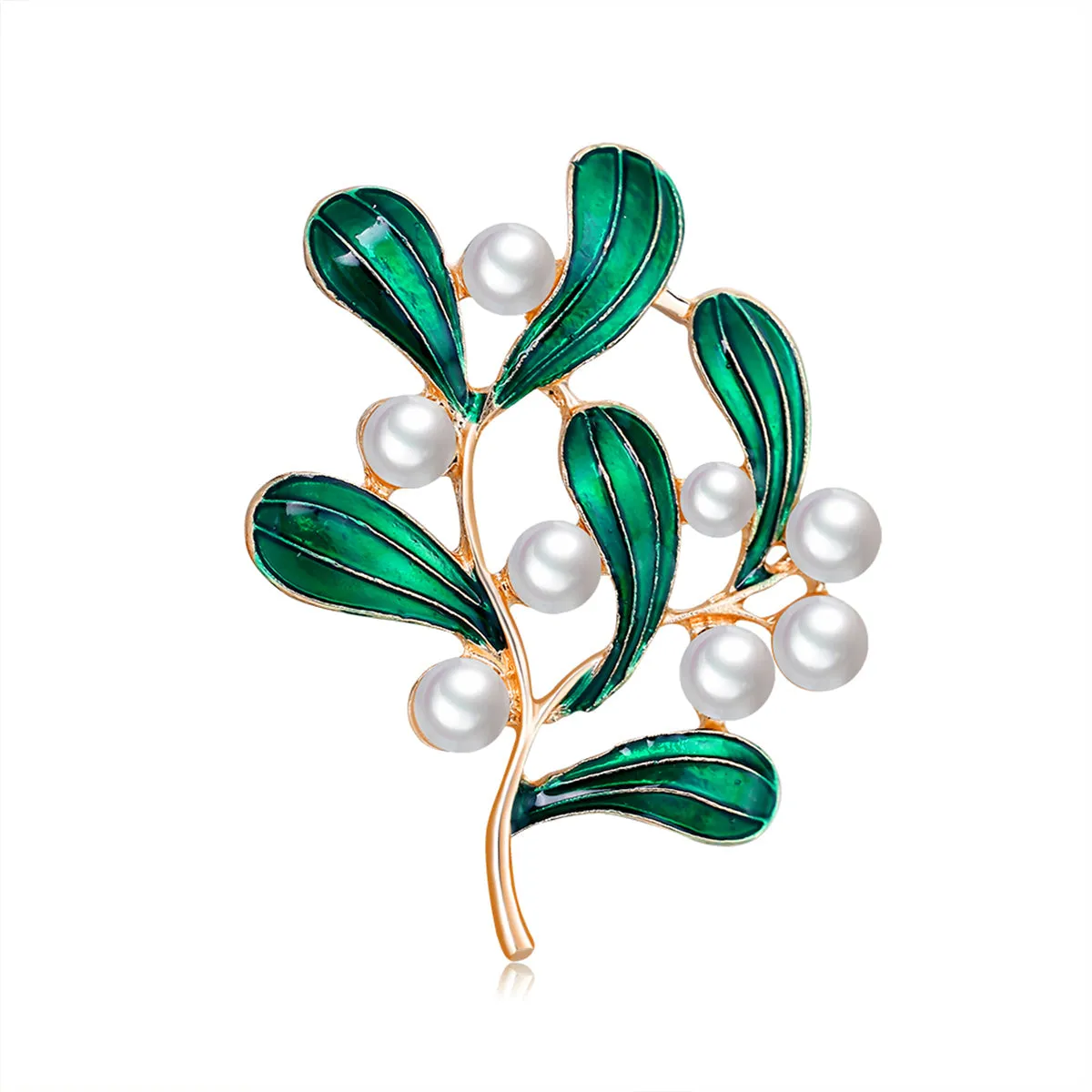 Green Enamel & Pearl 18K Gold-Plated Botanical Brooch