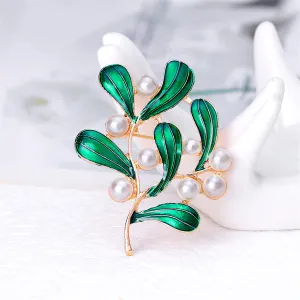 Green Enamel & Pearl 18K Gold-Plated Botanical Brooch
