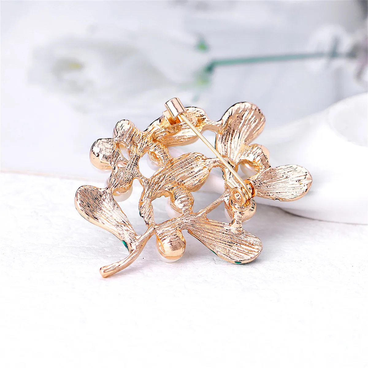Green Enamel & Pearl 18K Gold-Plated Botanical Brooch