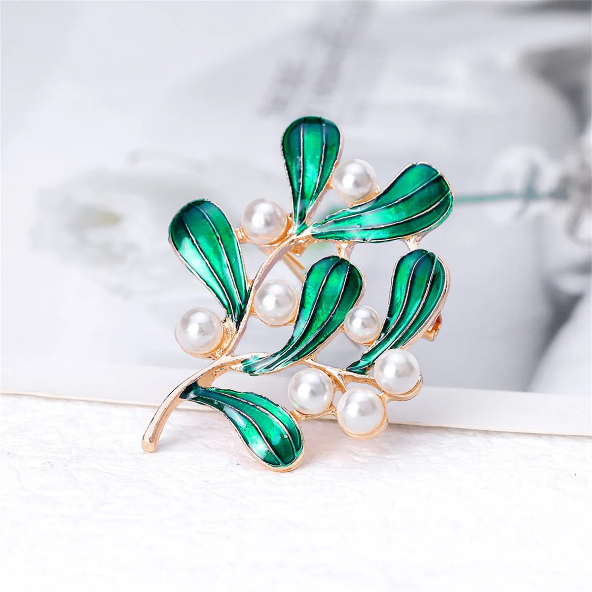 Green Enamel & Pearl 18K Gold-Plated Botanical Brooch