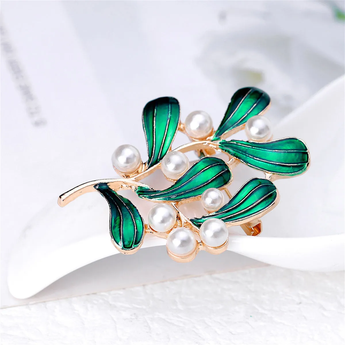 Green Enamel & Pearl 18K Gold-Plated Botanical Brooch