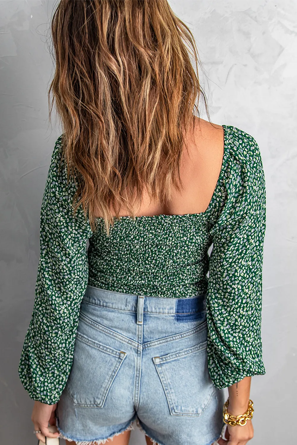 Green Smocked Floral Top