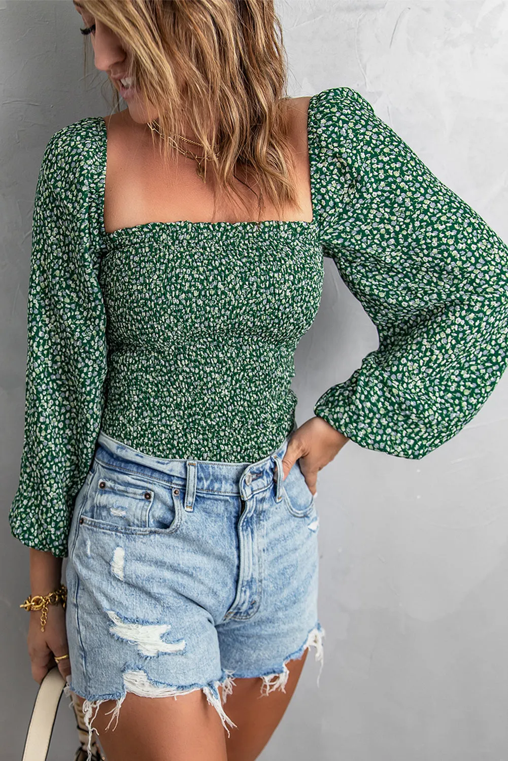 Green Smocked Floral Top