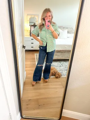 Green Striped Knit Button Down