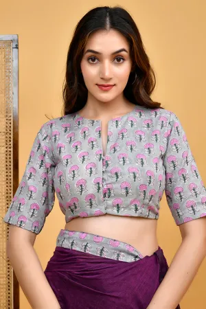 Grey  Cotton Blouse with Lilac Floral Hand Block Print