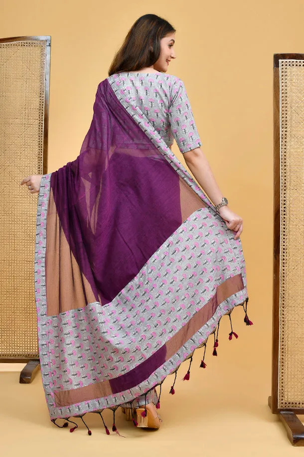 Grey  Cotton Blouse with Lilac Floral Hand Block Print