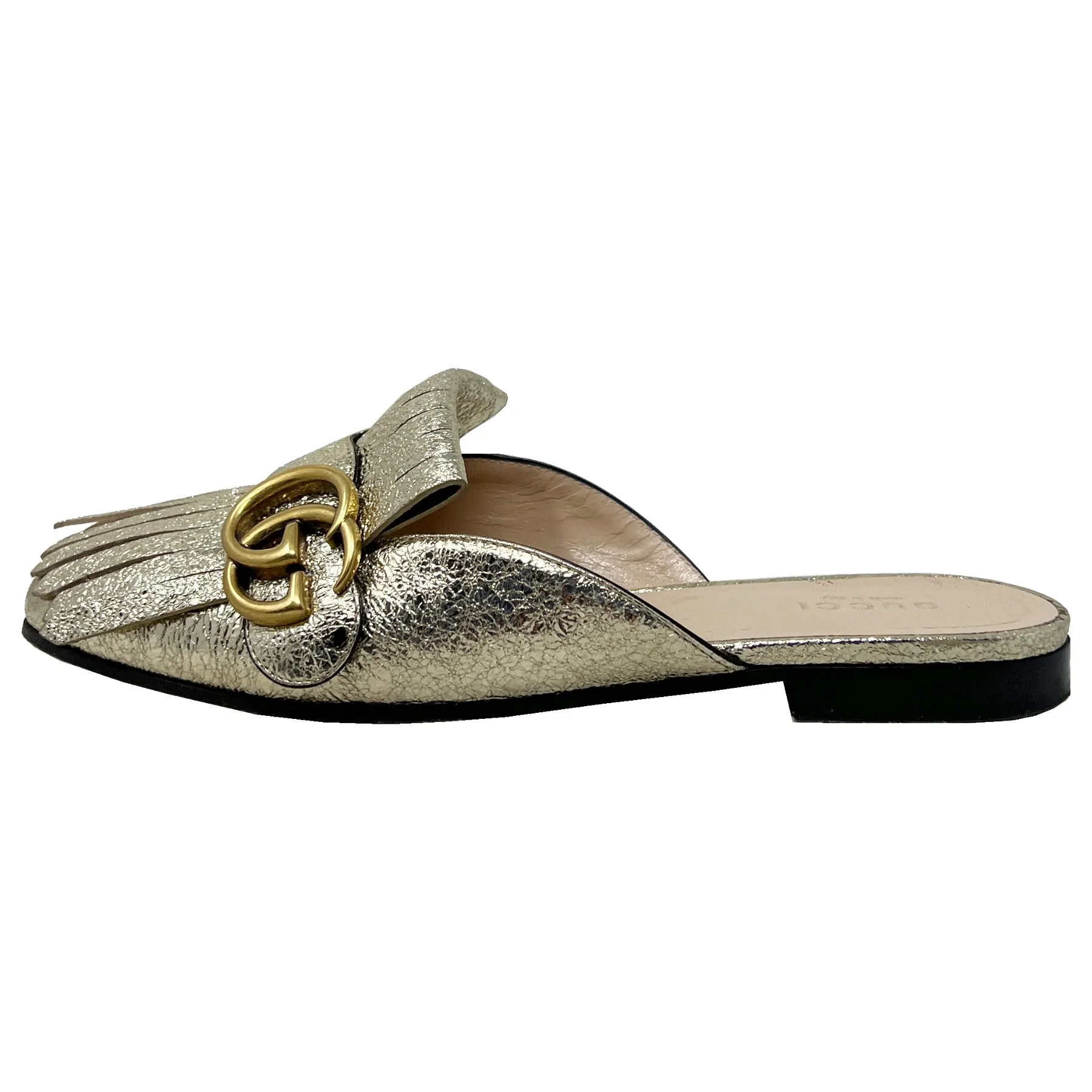 Gucci Marmont Gold Foiled Leather Fringe Loafer Mules Size EU 35.5