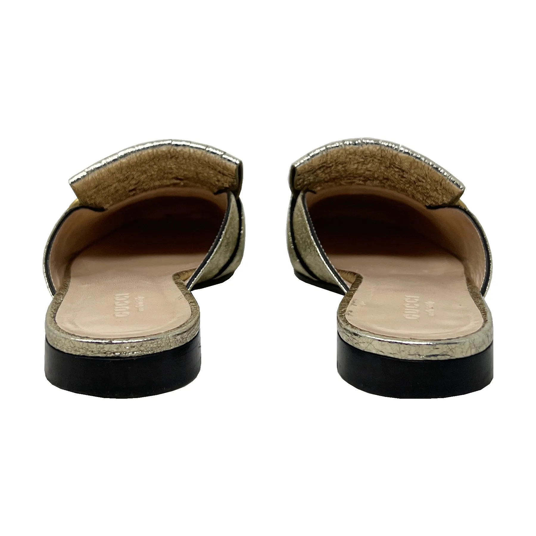 Gucci Marmont Gold Foiled Leather Fringe Loafer Mules Size EU 35.5