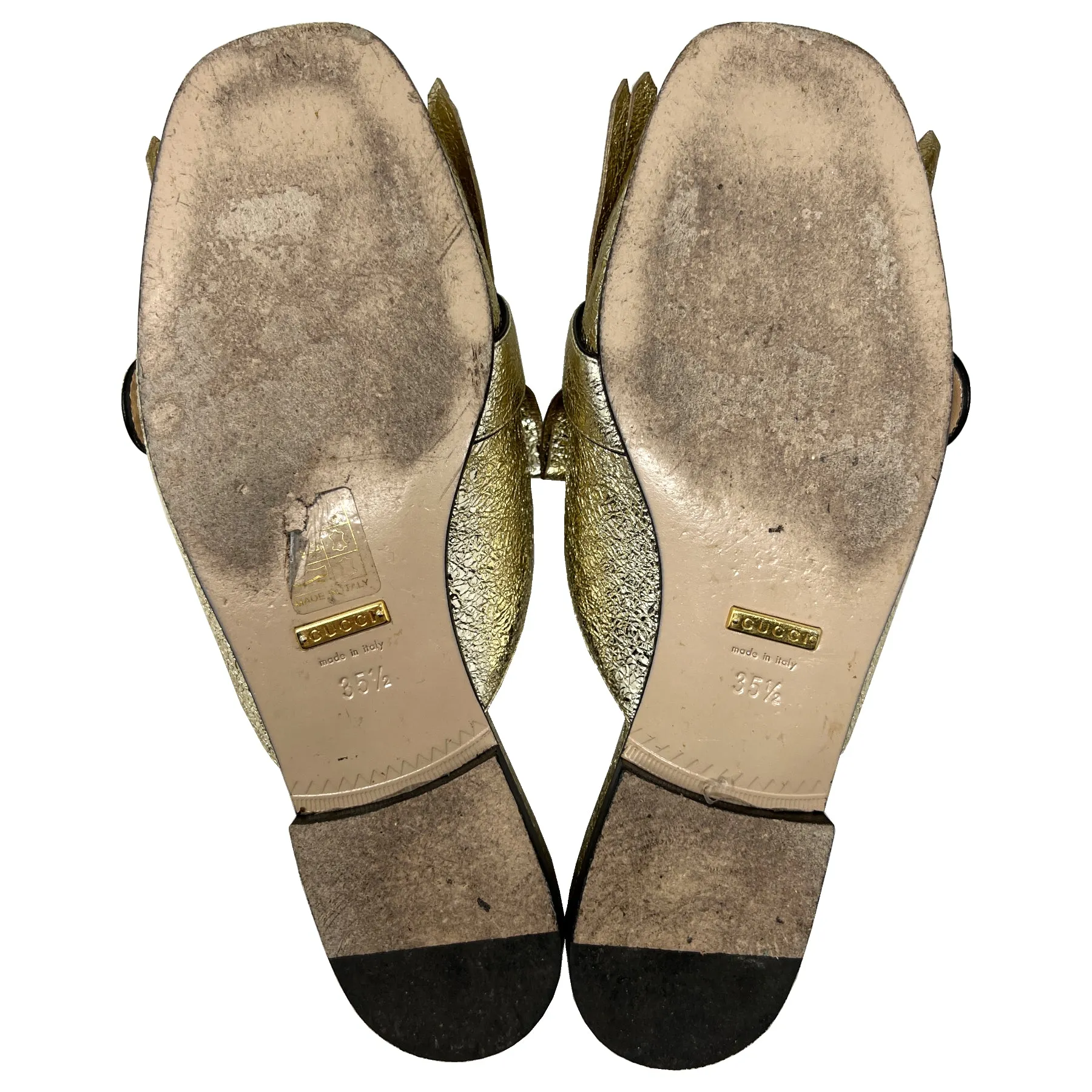 Gucci Marmont Gold Foiled Leather Fringe Loafer Mules Size EU 35.5
