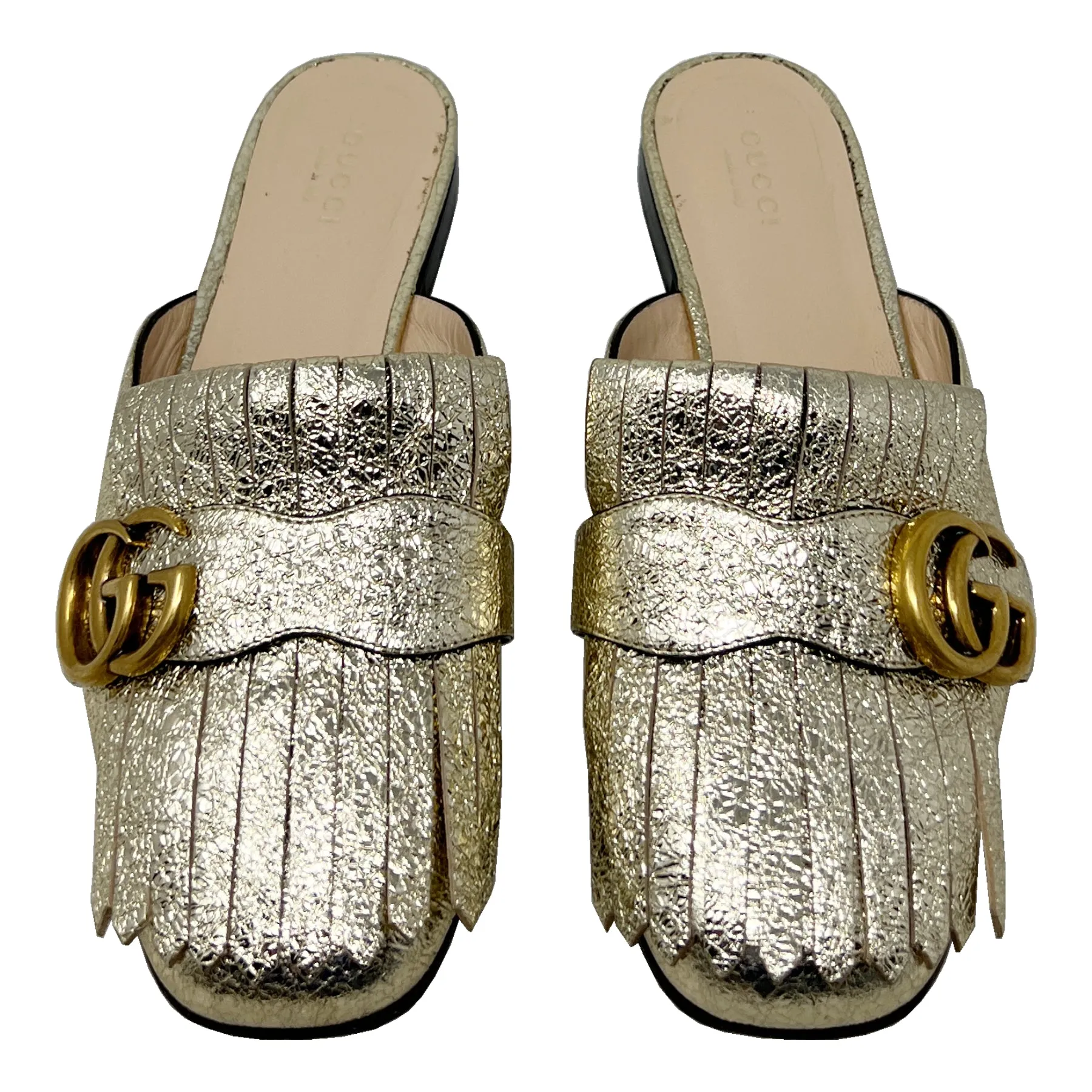 Gucci Marmont Gold Foiled Leather Fringe Loafer Mules Size EU 35.5