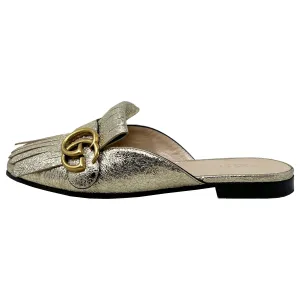 Gucci Marmont Gold Foiled Leather Fringe Loafer Mules Size EU 35.5