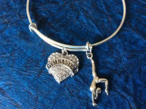 Gymnastics Crystal Heart Charm on Expandable Adjustable Wire Bangle Bracelet Girl Gift Gymnast Sport