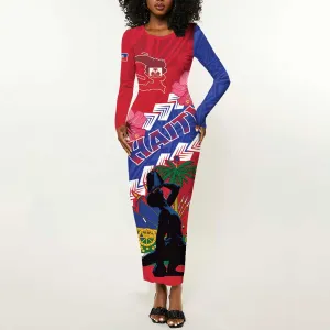 Haiti Neg Maron Long Sleeve Bodycon Dress Coat Of Arms - Hisbicus Polynesian LT15