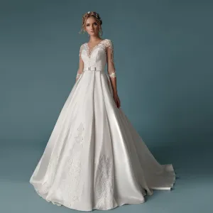 Half Sleeve Best France Satin Wedding Dress Vestido Blanco Pearls Bow Waist Appliques Simple Bridal Gowns Plus Size Boda