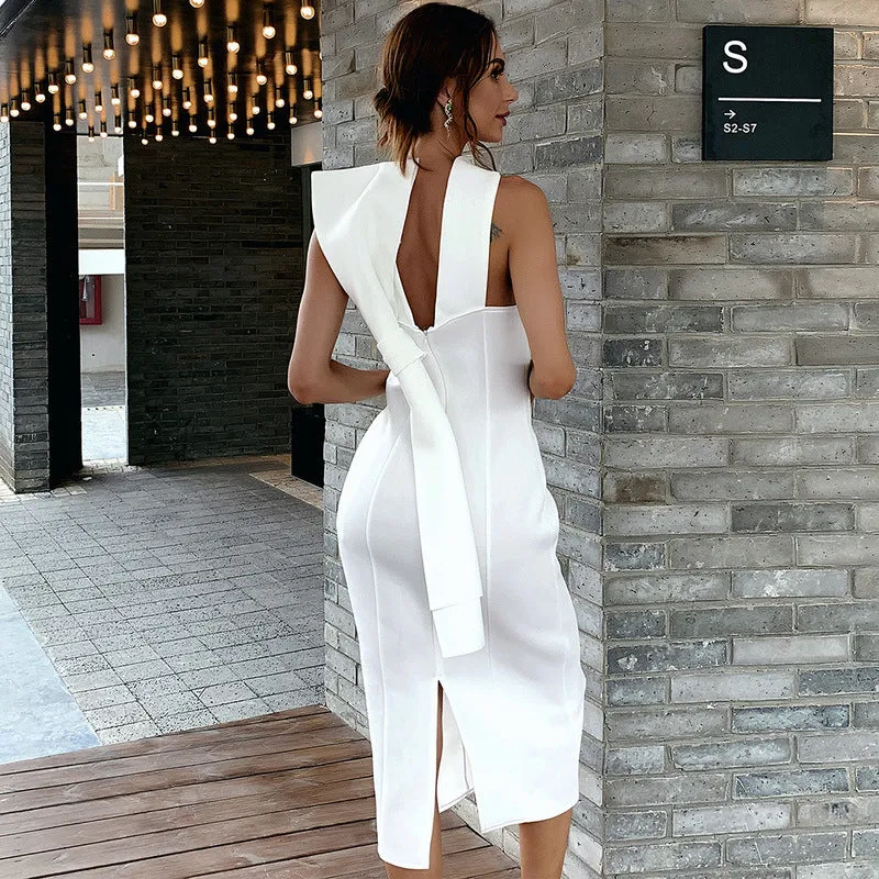 Halter Neck Bowknot Back Zipper Bodycon Party Midi Dresses
