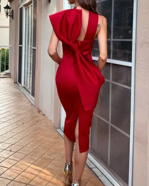 Halter Neck Bowknot Back Zipper Bodycon Party Midi Dresses