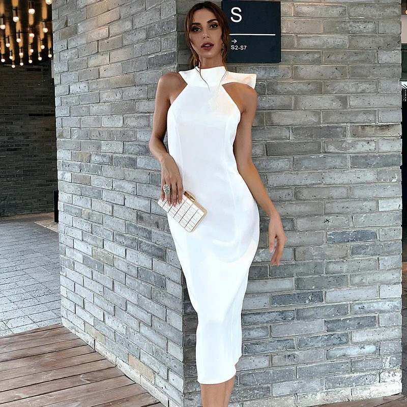 Halter Neck Bowknot Back Zipper Bodycon Party Midi Dresses