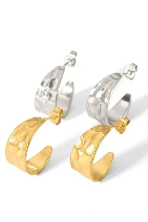 Hammered Metal Mini Hoop Earrings - 18K SS, Waterproof, Tarnish Free