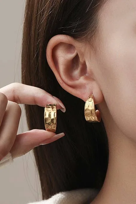 Hammered Metal Mini Hoop Earrings - 18K SS, Waterproof, Tarnish Free