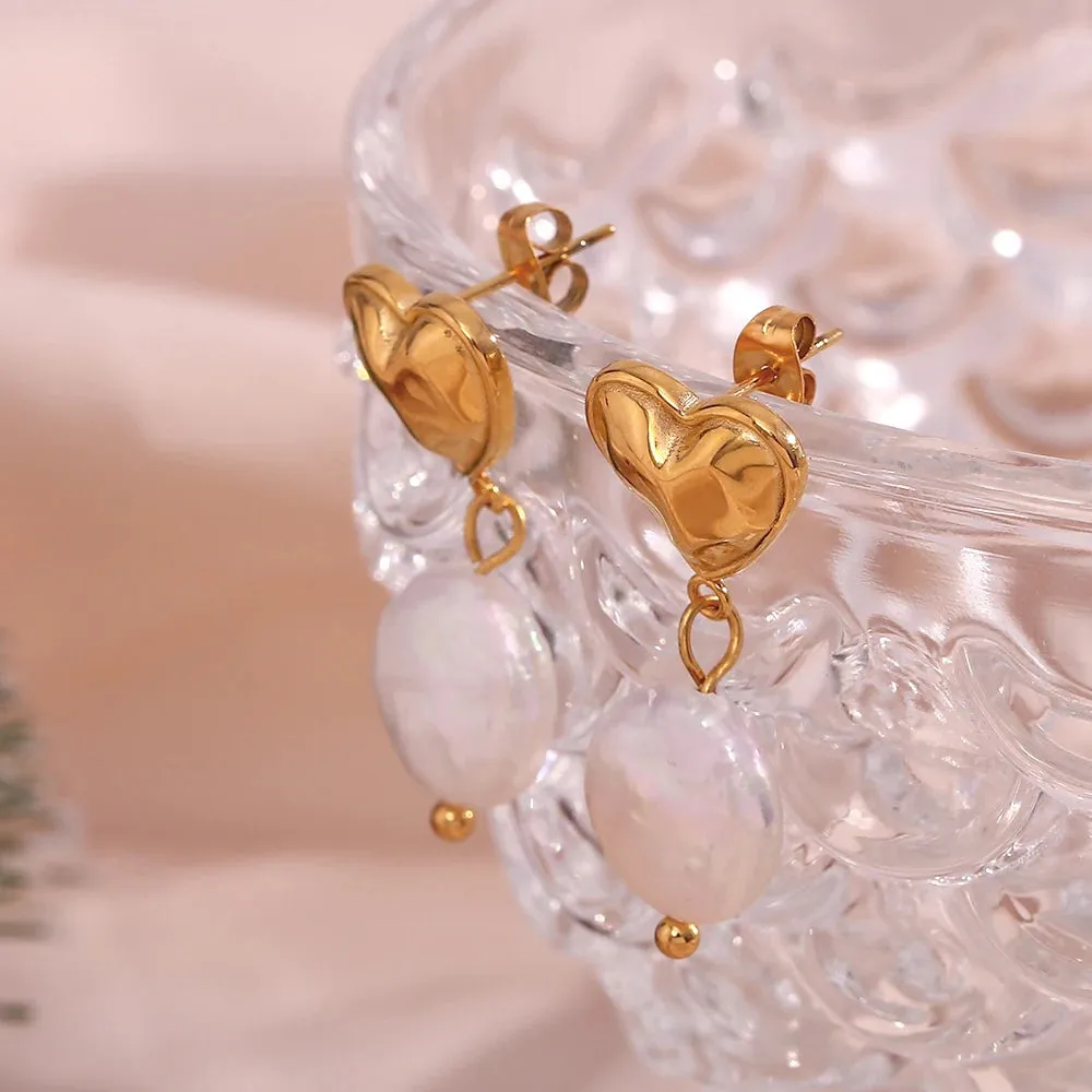 Heart Round Freshwater Pearl Drop Earrings