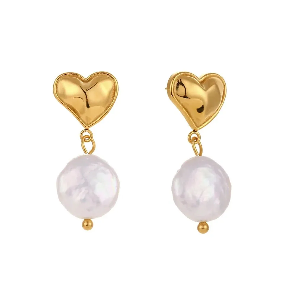 Heart Round Freshwater Pearl Drop Earrings