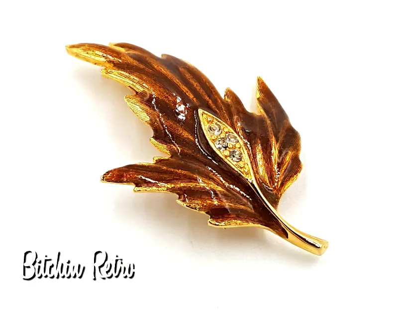 Hedy Vintage Enameled Autumn Leaf Brooch with Rhinestone Inset