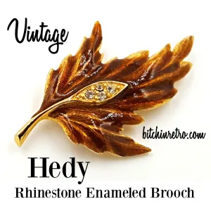 Hedy Vintage Enameled Autumn Leaf Brooch with Rhinestone Inset