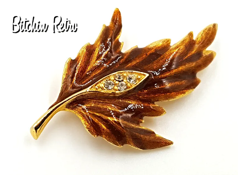 Hedy Vintage Enameled Autumn Leaf Brooch with Rhinestone Inset
