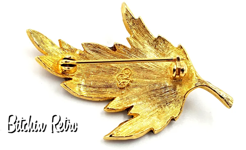 Hedy Vintage Enameled Autumn Leaf Brooch with Rhinestone Inset
