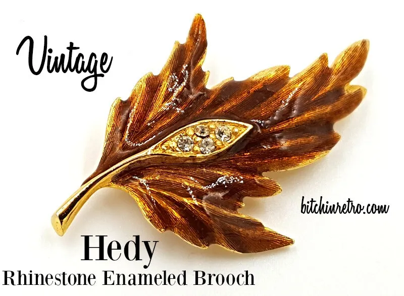 Hedy Vintage Enameled Autumn Leaf Brooch with Rhinestone Inset
