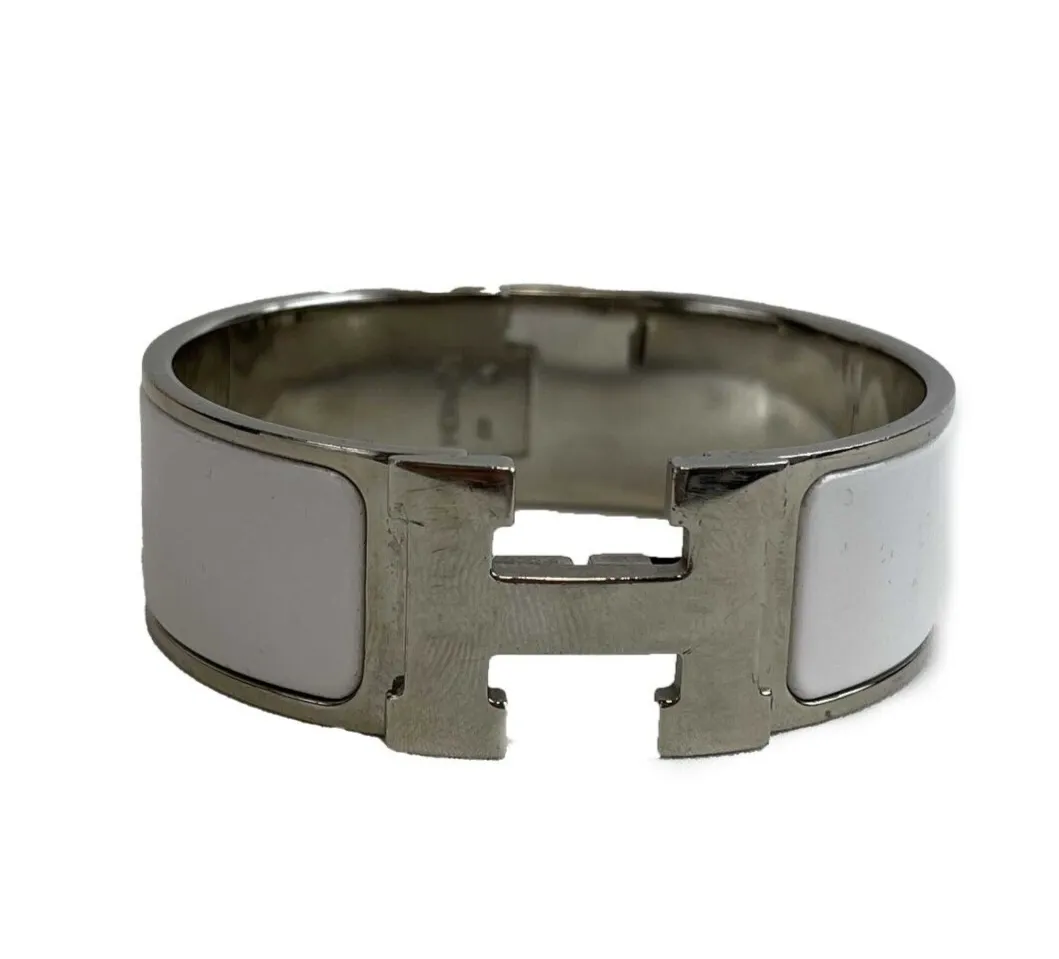 HERMES - Clic Clac H - Silver / White Cuff / Bracelet w/ Box