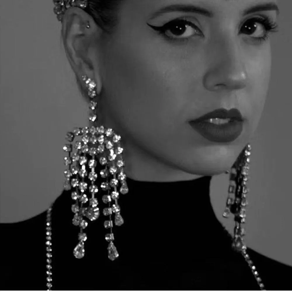 High-Quality Full Rhinestone Big Tassel Drop Earrings