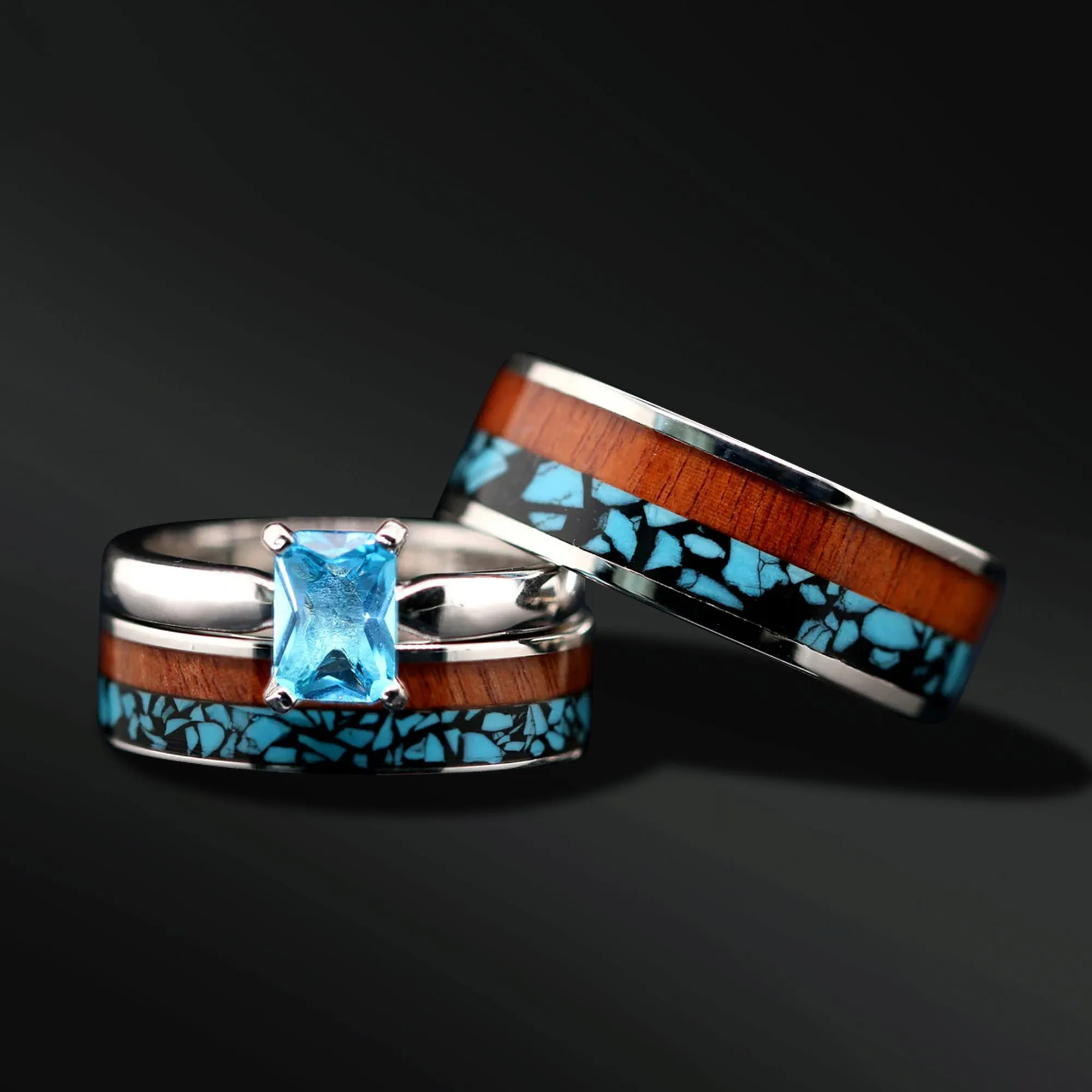 His and Her 3 piece Wood Ring Set Turquoise Wedding Rings Set
