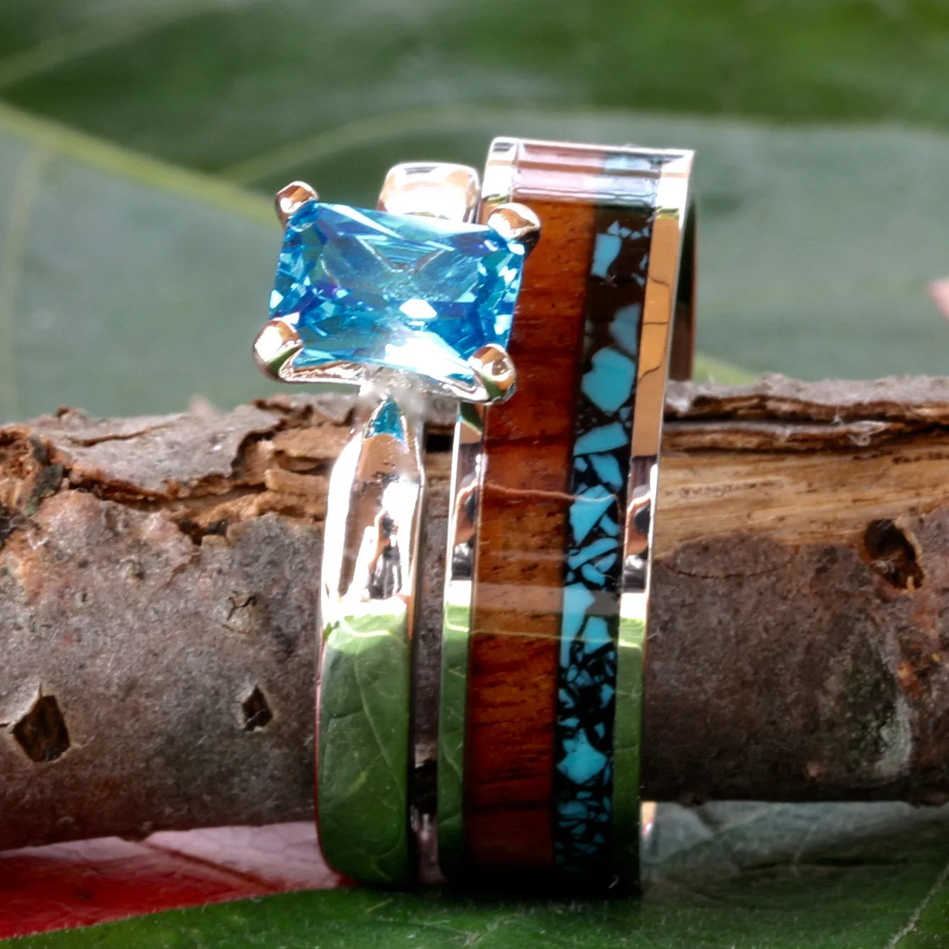 His and Her 3 piece Wood Ring Set Turquoise Wedding Rings Set