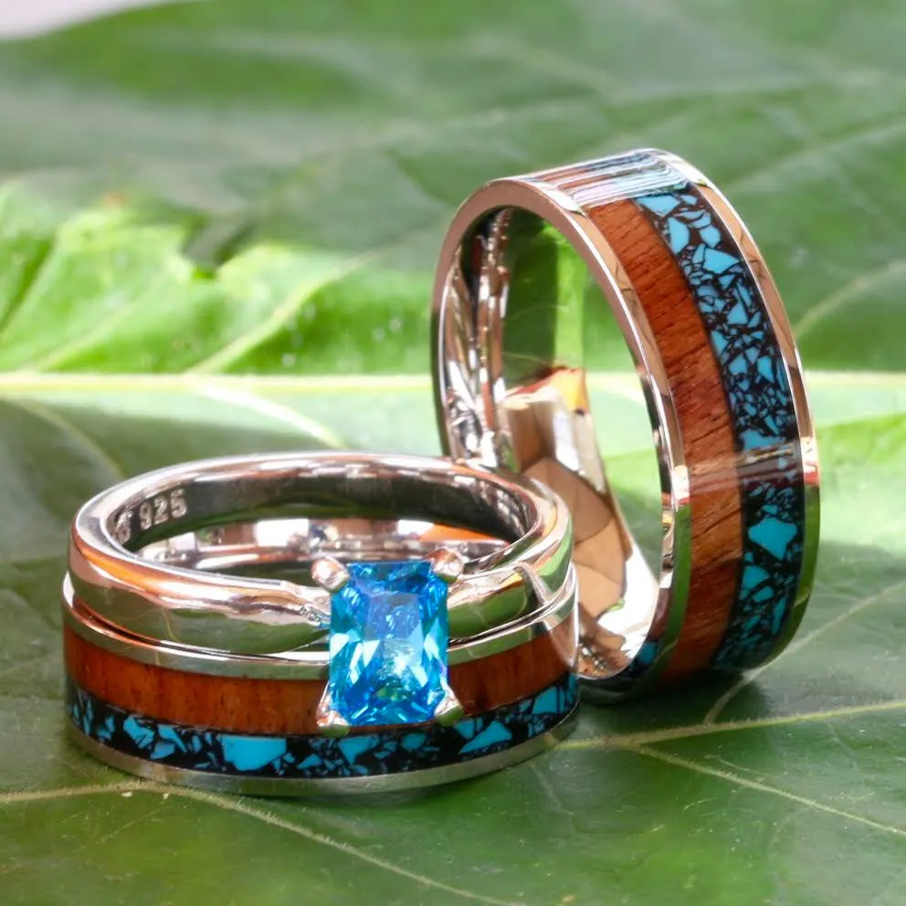 His and Her 3 piece Wood Ring Set Turquoise Wedding Rings Set