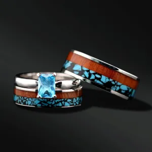 His and Her 3 piece Wood Ring Set Turquoise Wedding Rings Set