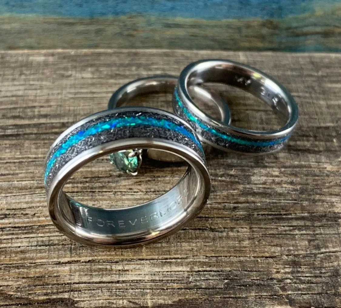 His and Hers Rings - Engagement Rings Set with Opal, Meteorite and Moissanite