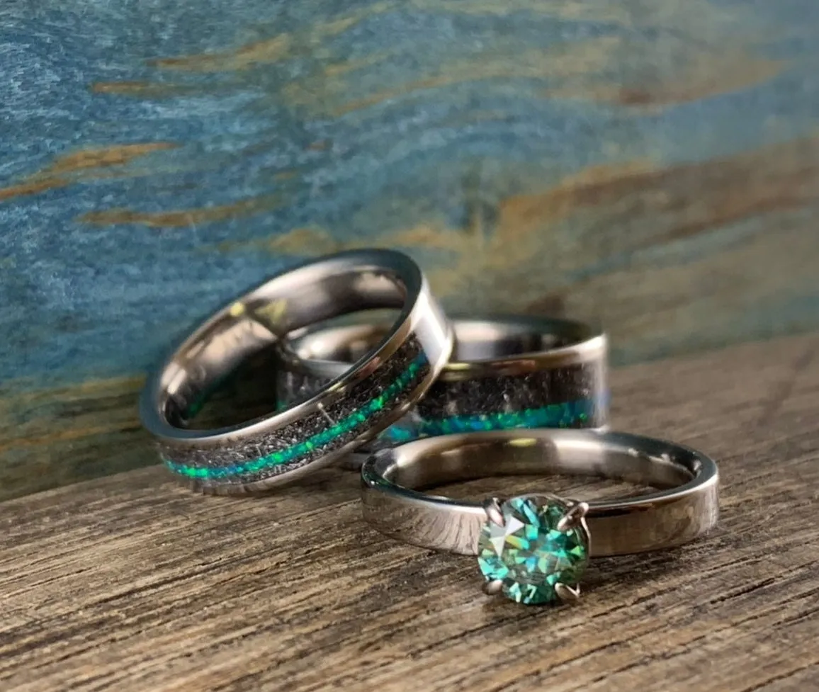 His and Hers Rings - Engagement Rings Set with Opal, Meteorite and Moissanite