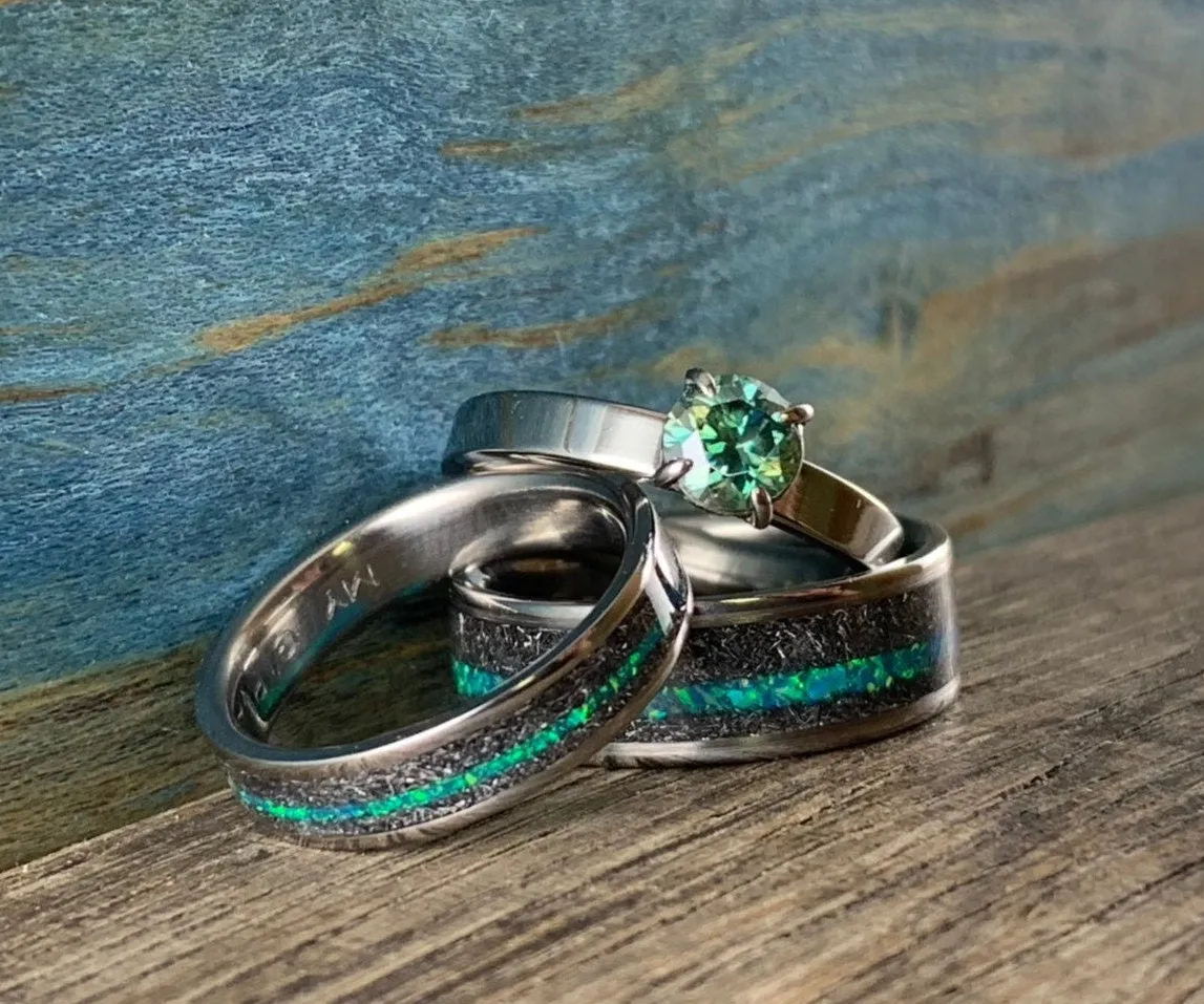 His and Hers Rings - Engagement Rings Set with Opal, Meteorite and Moissanite