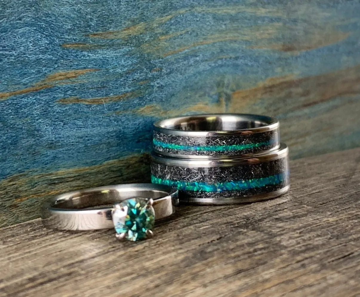His and Hers Rings - Engagement Rings Set with Opal, Meteorite and Moissanite