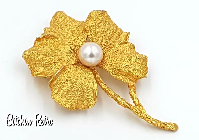 Hobe Vintage Flower Brooch with Faux Pearl and Very Collectible