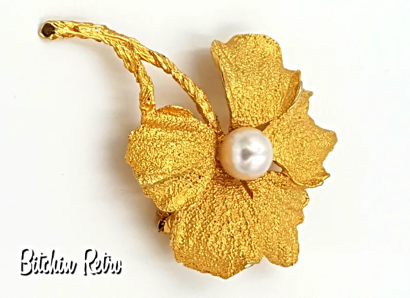 Hobe Vintage Flower Brooch with Faux Pearl and Very Collectible