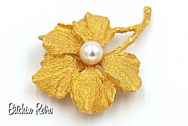 Hobe Vintage Flower Brooch with Faux Pearl and Very Collectible