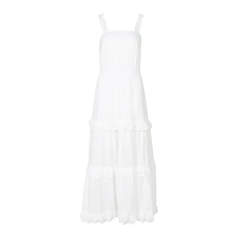 Hollow Lace Ruffle Stitching Strap Bodycon Evening Maxi Dresses