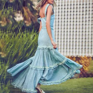 Hollow Lace Ruffle Stitching Strap Bodycon Evening Maxi Dresses