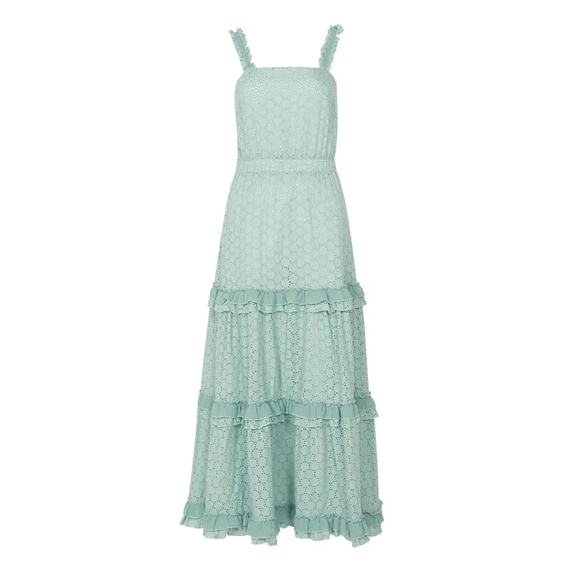 Hollow Lace Ruffle Stitching Strap Bodycon Evening Maxi Dresses