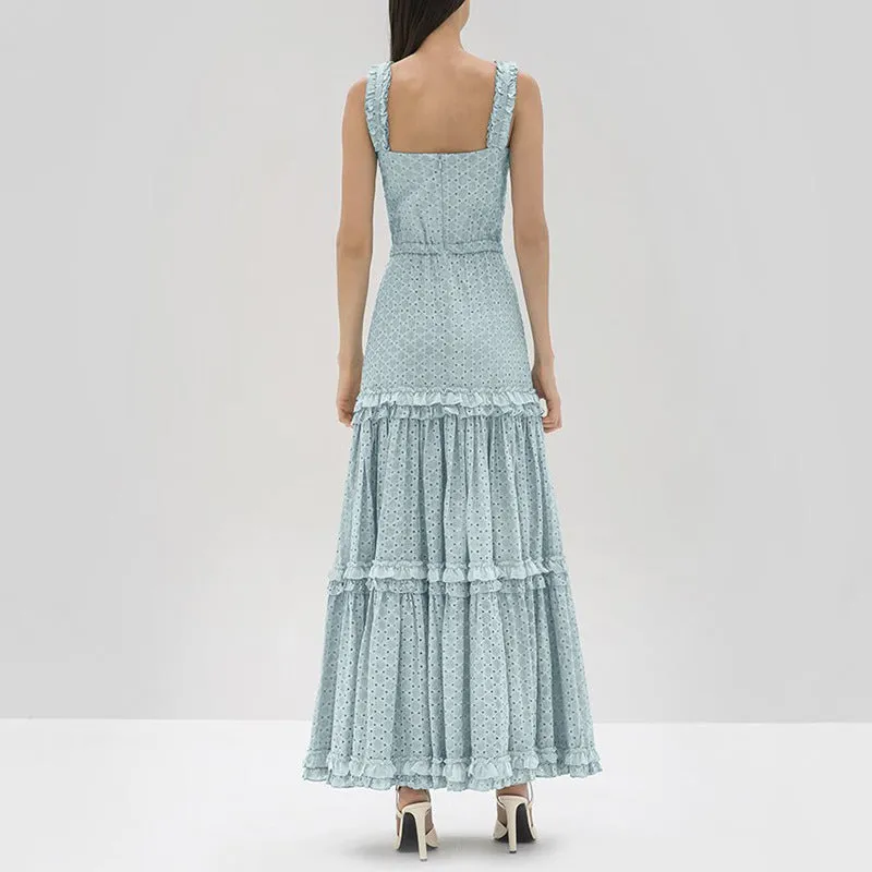 Hollow Lace Ruffle Stitching Strap Bodycon Evening Maxi Dresses