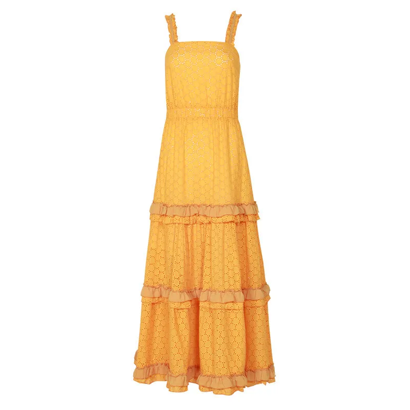 Hollow Lace Ruffle Stitching Strap Bodycon Evening Maxi Dresses