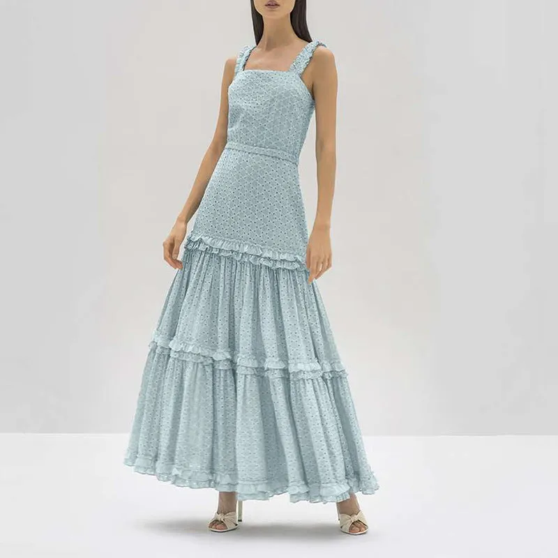 Hollow Lace Ruffle Stitching Strap Bodycon Evening Maxi Dresses